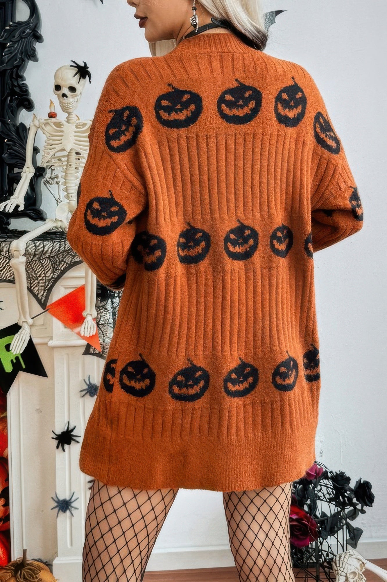 Pumpkin Print Open Front Long Sleeve Cardigan - Tigbul's Variety Fashion Shop
