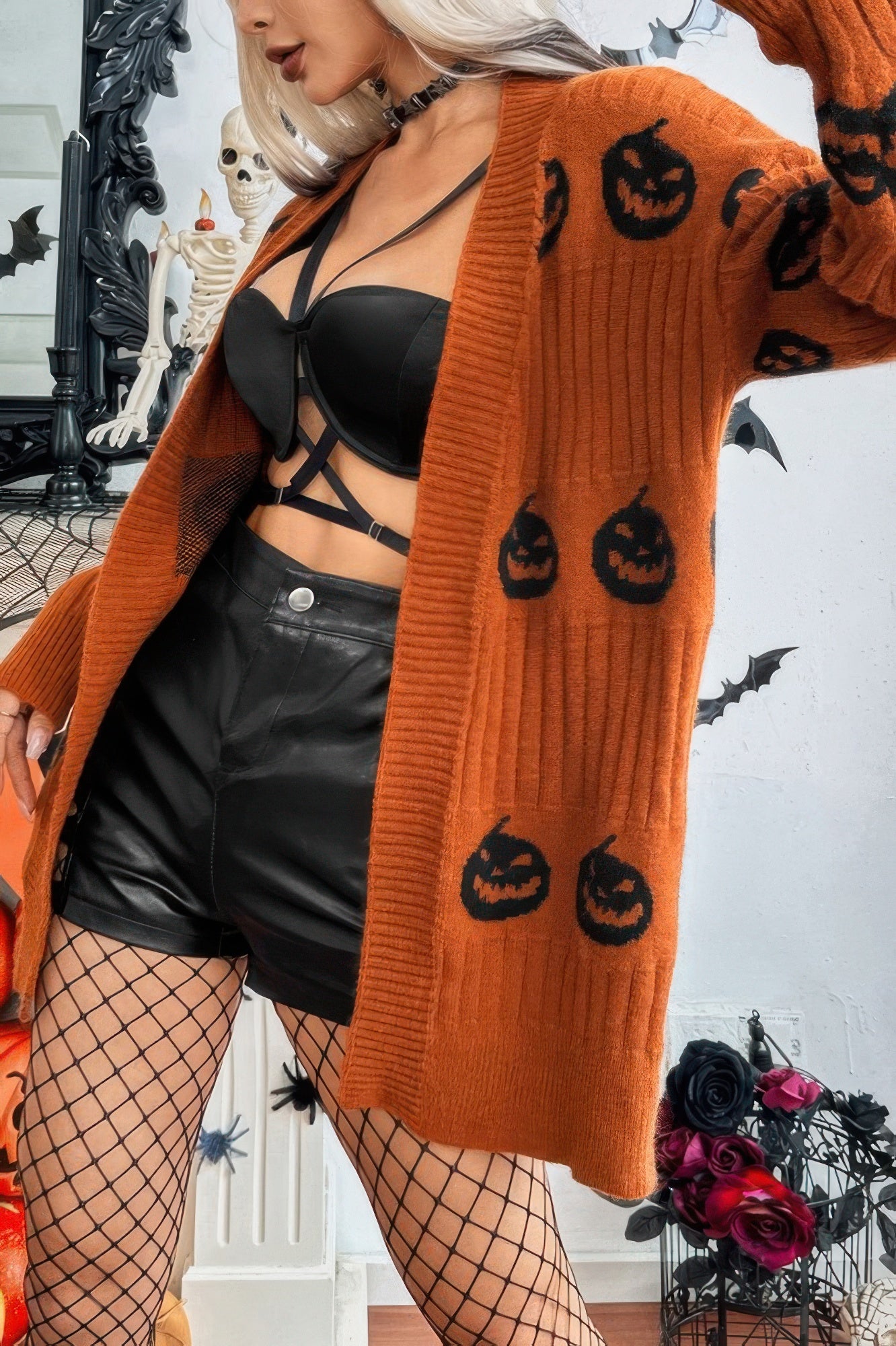 Pumpkin Print Open Front Long Sleeve Cardigan - Tigbul's Variety Fashion Shop