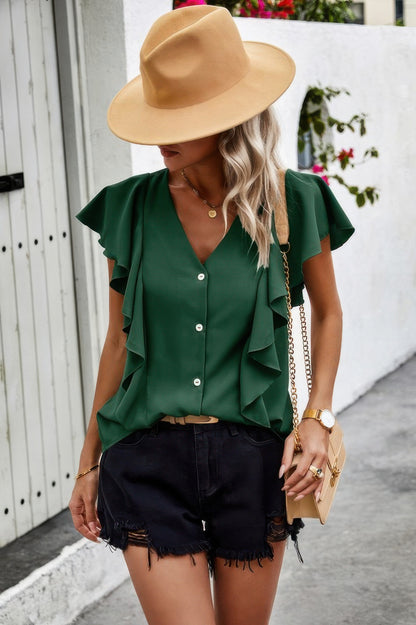 Solid Button Ruffle V Neck Fit Blouse - Tigbul's Variety Fashion Shop