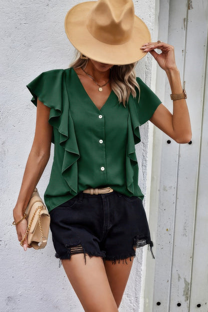 Solid Button Ruffle V Neck Fit Blouse - Tigbul's Variety Fashion Shop