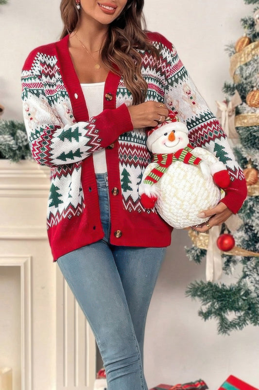Christmas Print Knit Button Down Loose Cardigan - Tigbul's Variety Fashion Shop