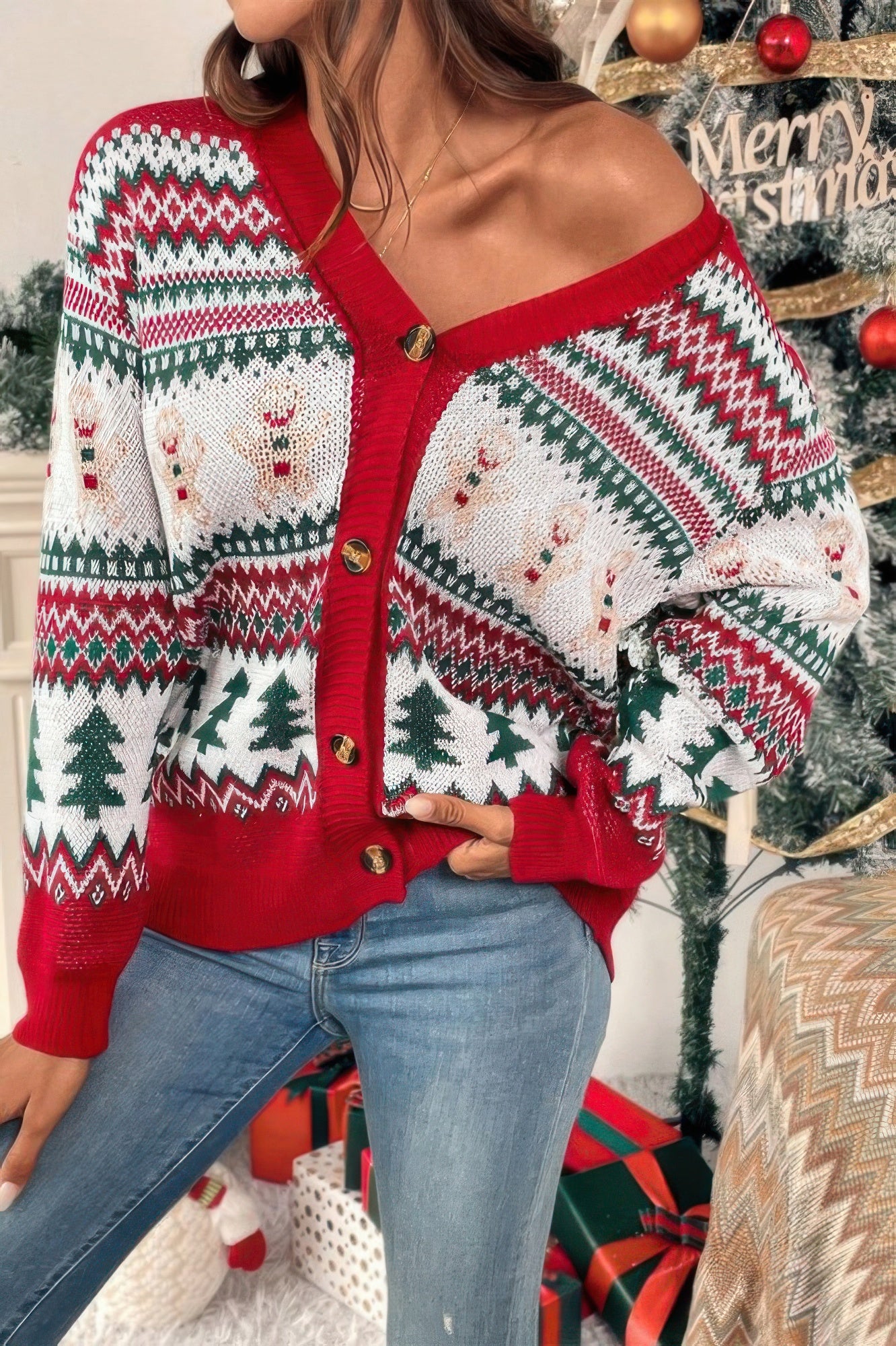 Christmas Print Knit Button Down Loose Cardigan - Tigbul's Variety Fashion Shop