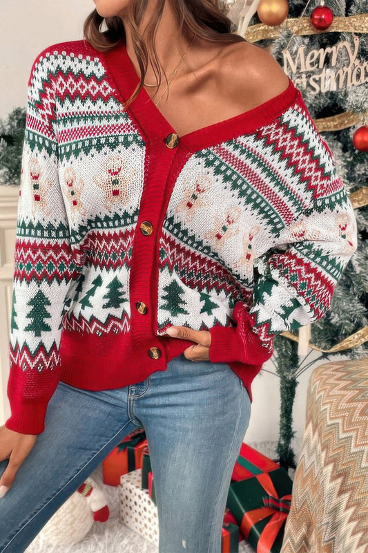 Christmas Print Knit Button Down Loose Cardigan - Tigbul's Variety Fashion Shop