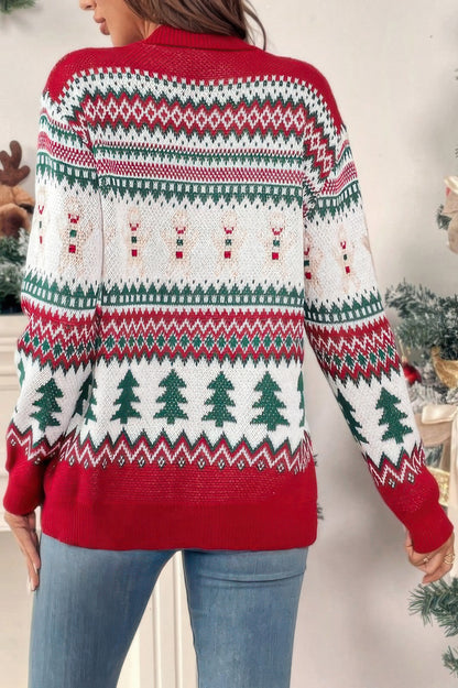 Christmas Print Knit Button Down Loose Cardigan - Tigbul's Variety Fashion Shop