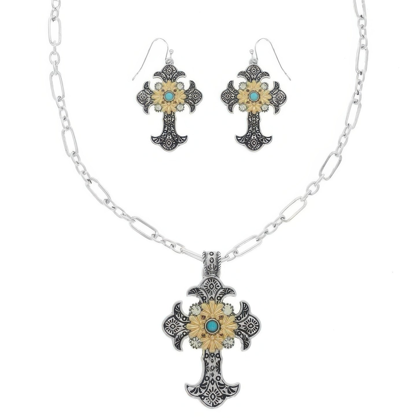 Western Turquoise Cross Necklace Set - Tigbul's Variety Fashion Shop