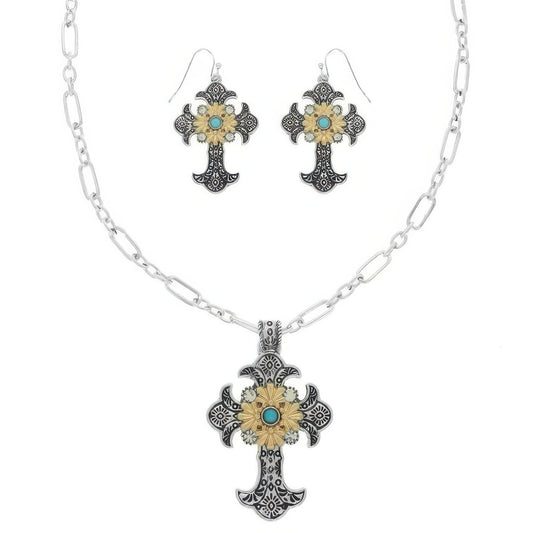 Western Turquoise Cross Necklace Set - Tigbul's Variety Fashion Shop