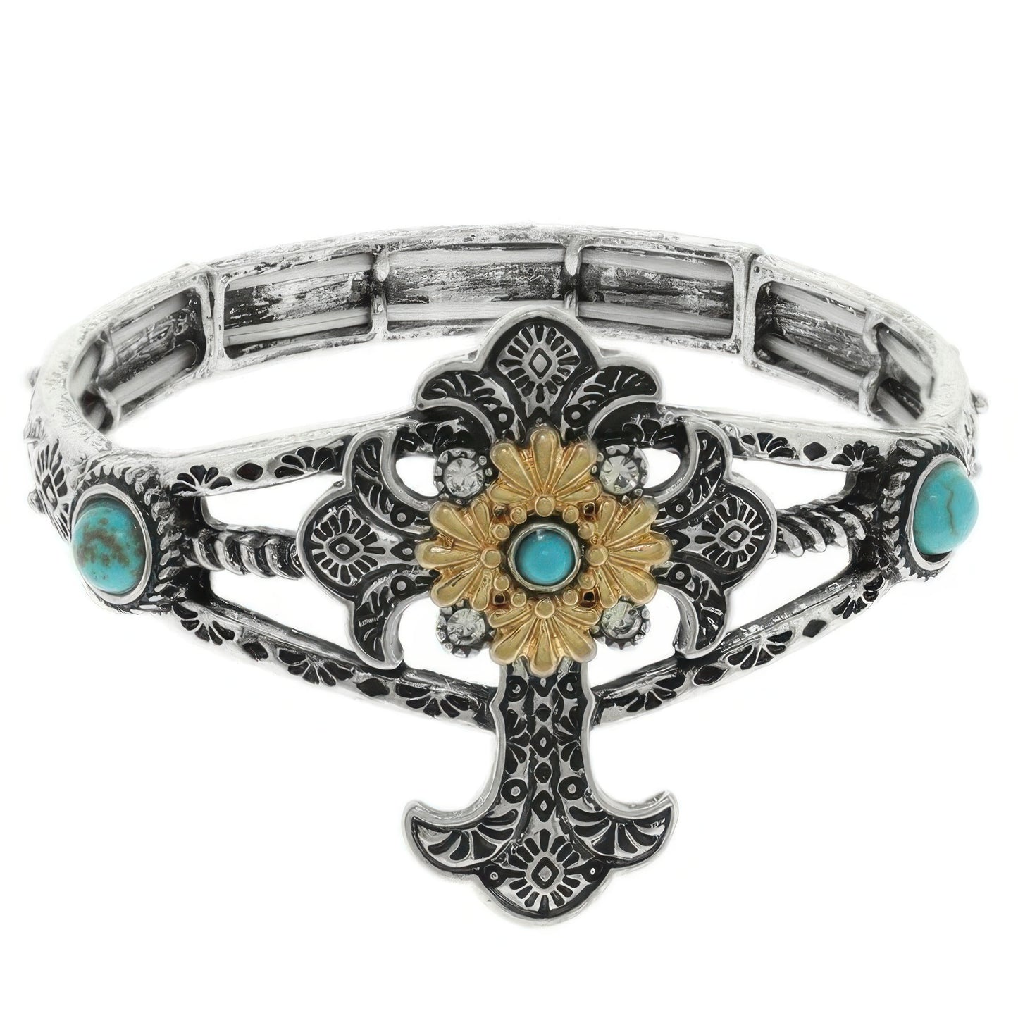 Western Turquoise And Crystal Cross Bracelet - Tigbul's Variety Fashion Shop