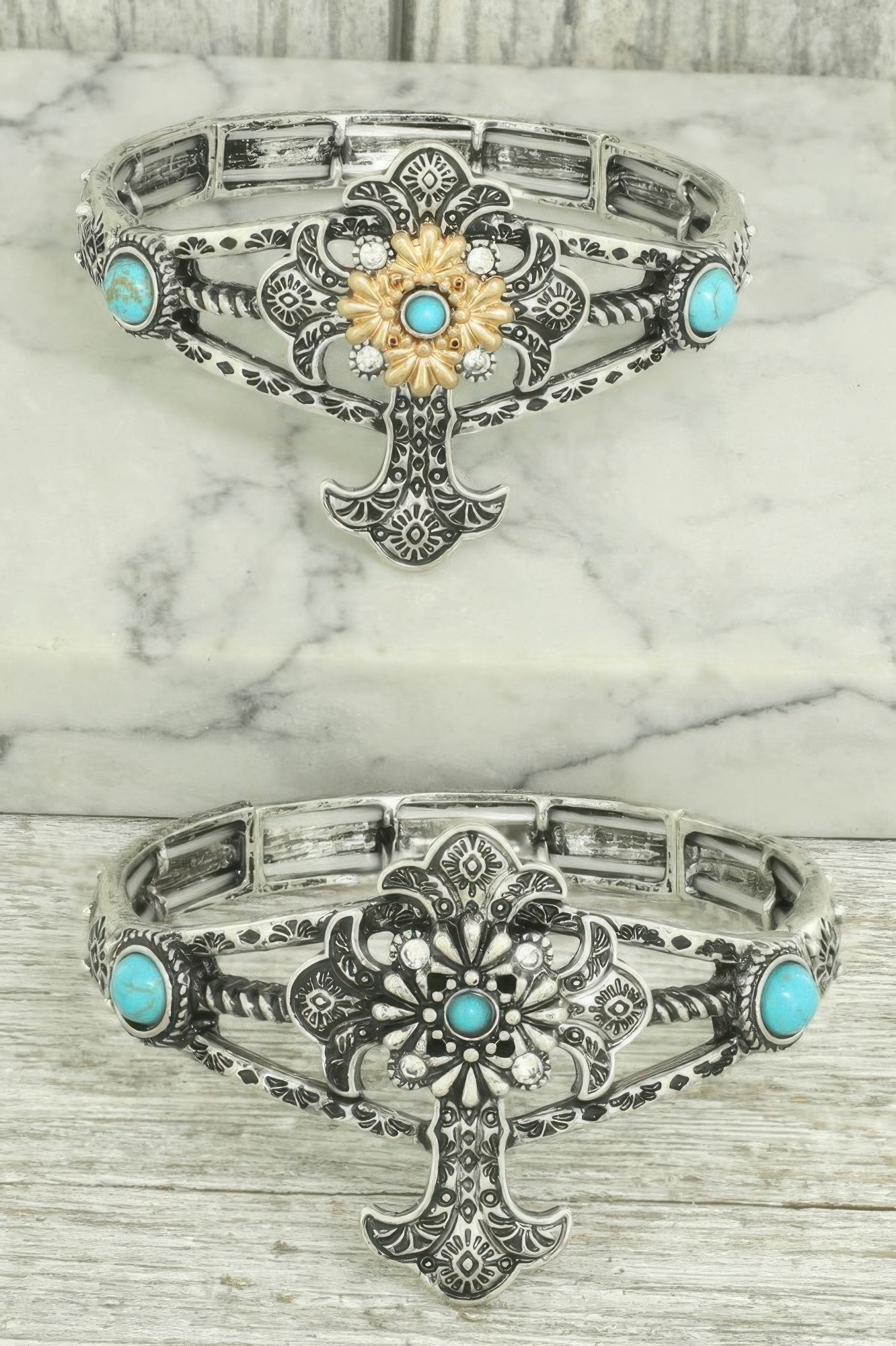 Western Turquoise And Crystal Cross Bracelet - Tigbul's Variety Fashion Shop