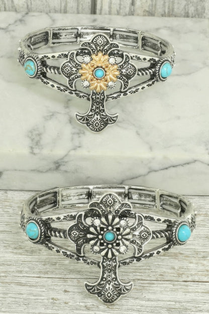 Western Turquoise And Crystal Cross Bracelet - Tigbul's Variety Fashion Shop