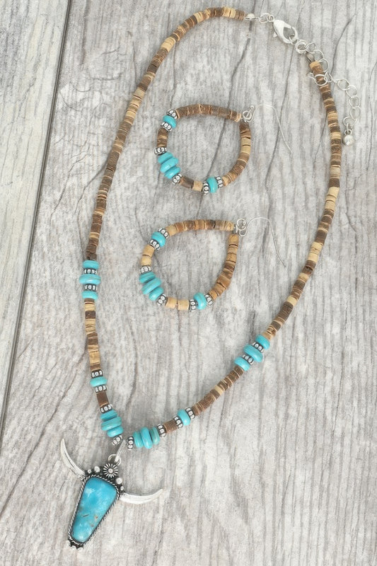 Western Wood Bead Mix Longhorn Necklace Set - Tigbul's Variety Fashion Shop