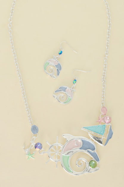 Sea Life Dolphin Rhinestone Metal Bib Necklace Set - Tigbul's Variety Fashion Shop
