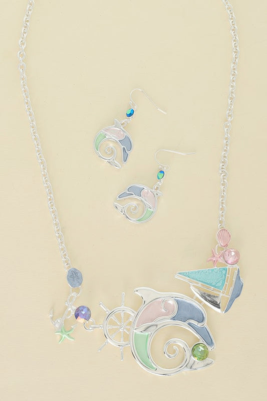 Sea Life Dolphin Rhinestone Metal Bib Necklace Set - Tigbul's Variety Fashion Shop