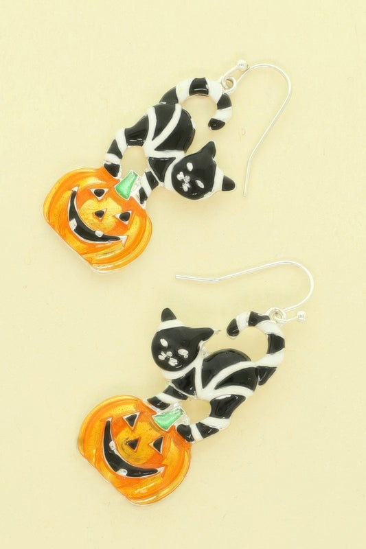 Halloween Black Cat On Pumpkin Earrings - Tigbul's Variety Fashion Shop