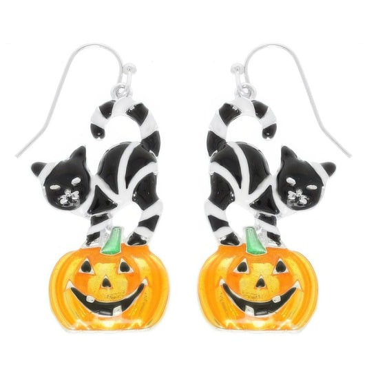 Halloween Black Cat On Pumpkin Earrings - Tigbul's Variety Fashion Shop