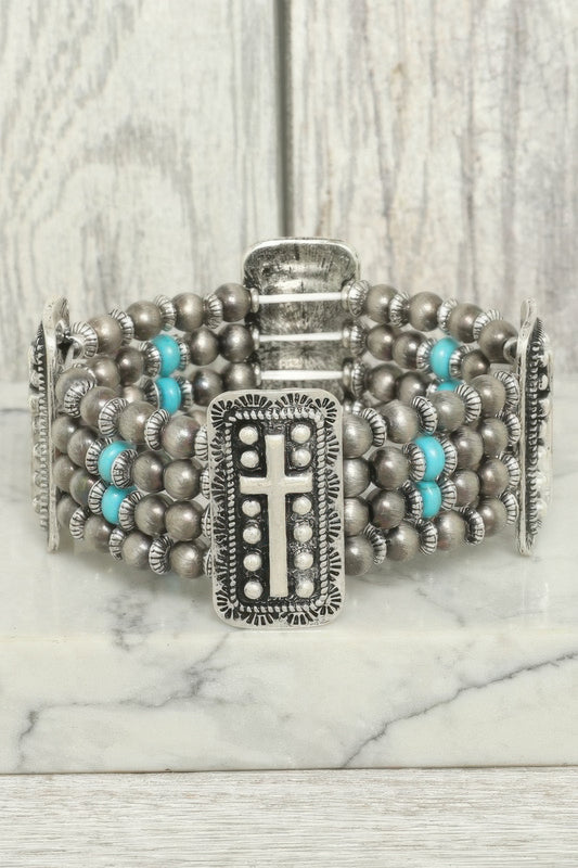 Western Rectangle Cross Concho Stretch Bracelet - Tigbul's Variety Fashion Shop