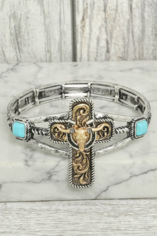 Western Steerhead Cross Stretch Bracelet - Tigbul's Variety Fashion Shop