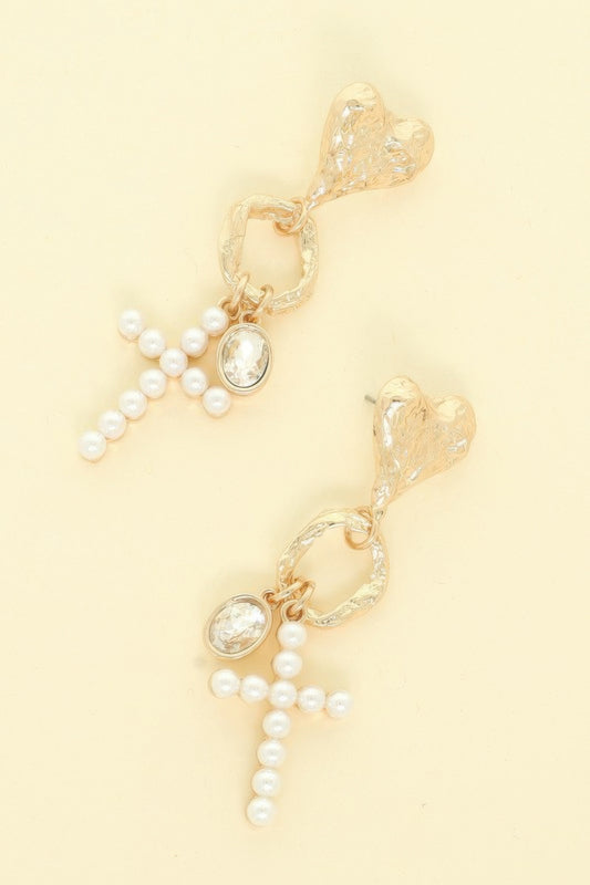 Jeweled Cross Heart Charm Earrings - Tigbul's Variety Fashion Shop