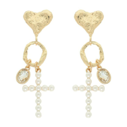 Jeweled Cross Heart Charm Earrings - Tigbul's Variety Fashion Shop