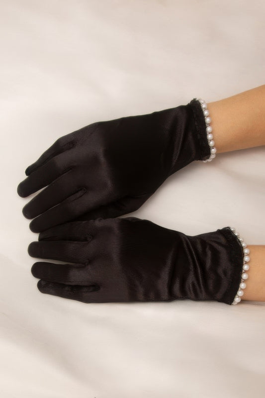 Women's Bridal Pearl Trim Satin Wrist Gloves - Tigbul's Variety Fashion Shop