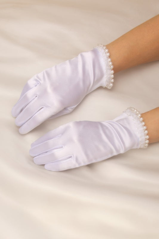 Women's Bridal Pearl Trim Satin Wrist Gloves - Tigbul's Variety Fashion Shop