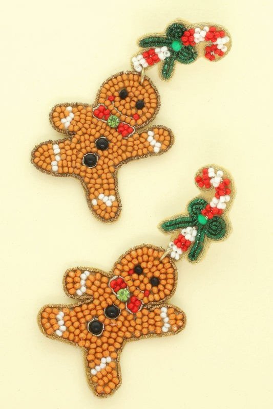 Christmas Gingerbread Man Seed Beaded Earrings - Tigbul's Variety Fashion Shop