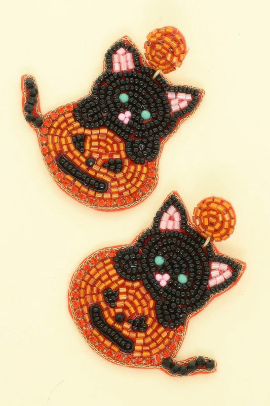 Halloween Jack O Lantern Kitty Beaded Earrings - Tigbul's Variety Fashion Shop