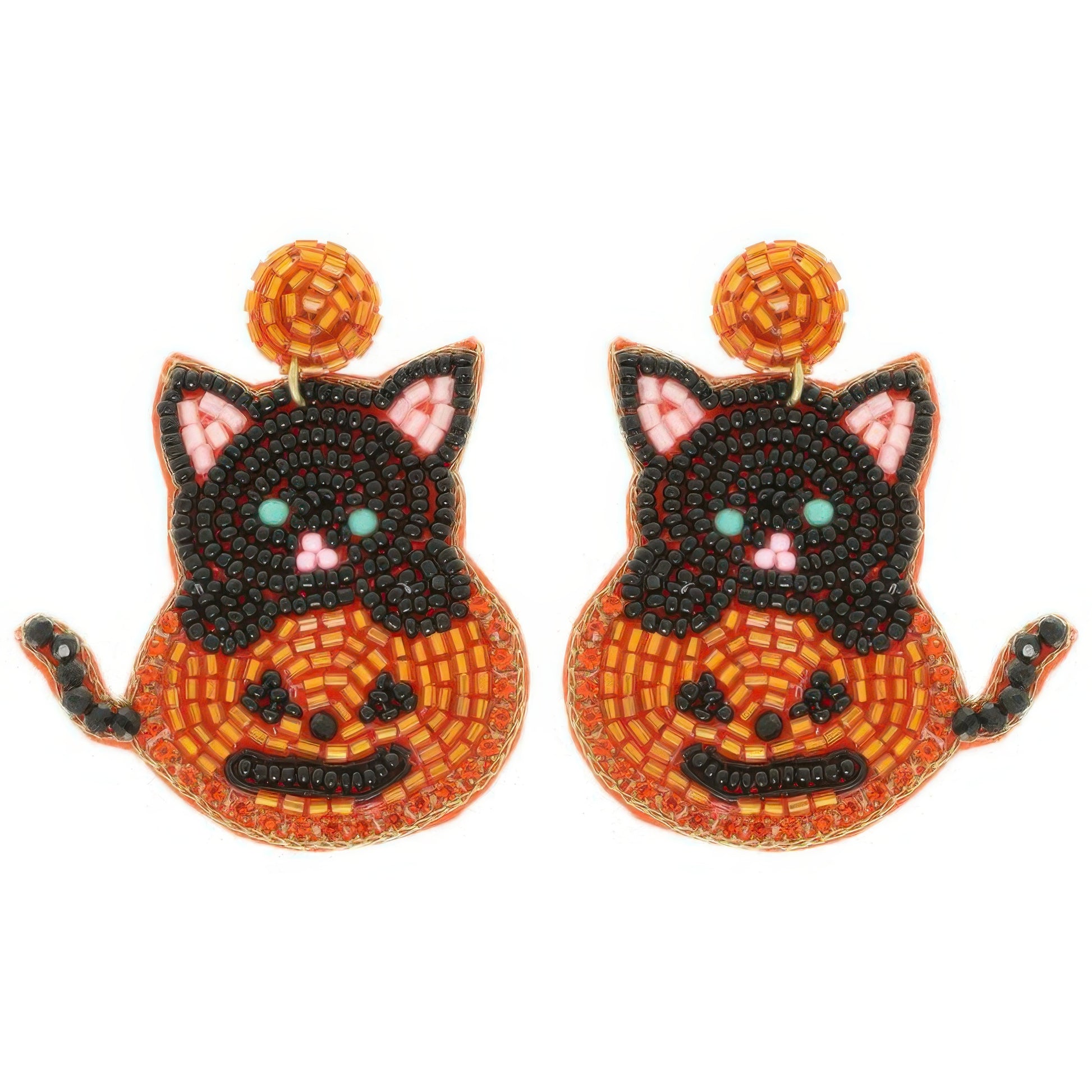 Halloween Jack O Lantern Kitty Beaded Earrings - Tigbul's Variety Fashion Shop