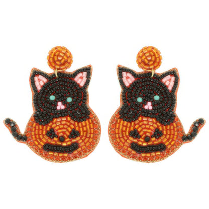Halloween Jack O Lantern Kitty Beaded Earrings - Tigbul's Variety Fashion Shop