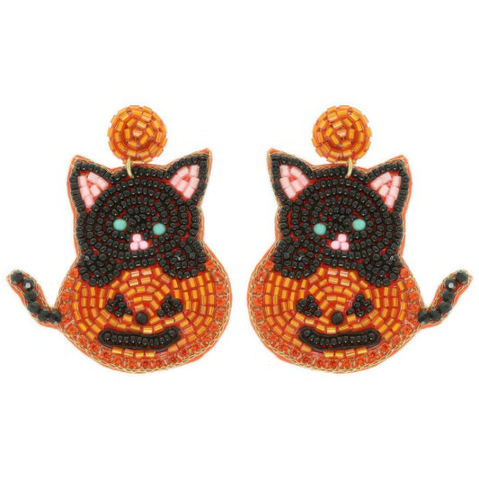 Halloween Jack O Lantern Kitty Beaded Earrings - Tigbul's Variety Fashion Shop
