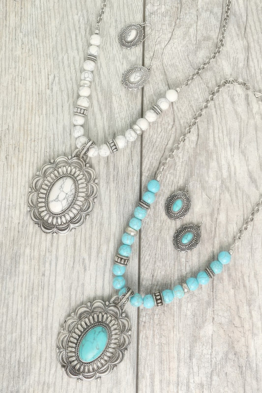 Western Oval Turquoise Concho Beaded Necklace Set - Tigbul's Variety Fashion Shop