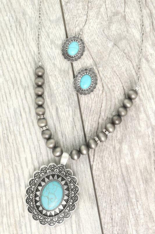 Western Oval Turquoise Concho Beaded Necklace Set - Tigbul's Variety Fashion Shop