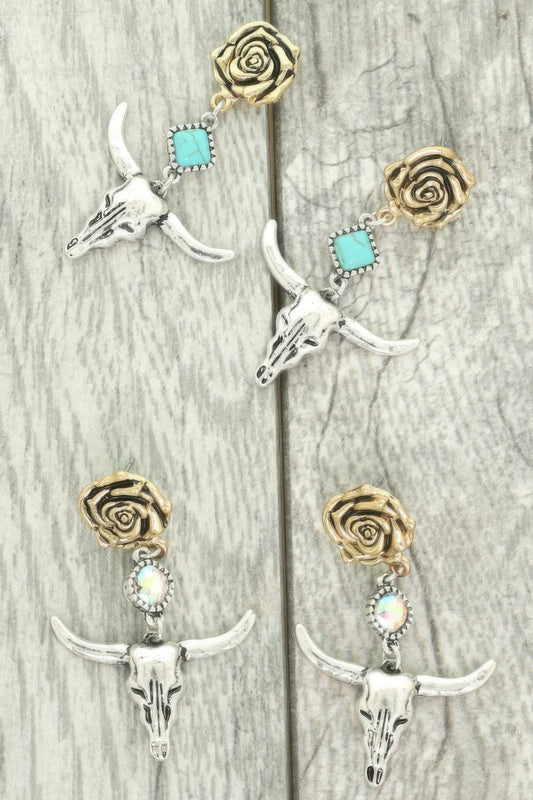 Western Floral Steer Skull Earrings - Tigbul's Variety Fashion Shop