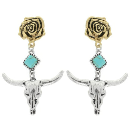 Western Floral Steer Skull Earrings - Tigbul's Variety Fashion Shop