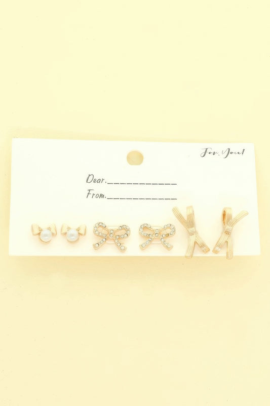 3 Pair Jeweled Bow Stud Earring Set - Tigbul's Variety Fashion Shop