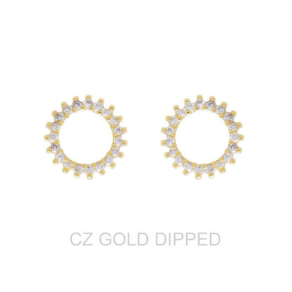 Gold Dipped Cz Sunburst Open Circle Stud Earrings - Tigbul's Variety Fashion Shop