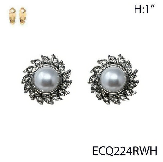 Pearl Rhinestone Flower Clip-on Earrings - Tigbul's Variety Fashion Shop
