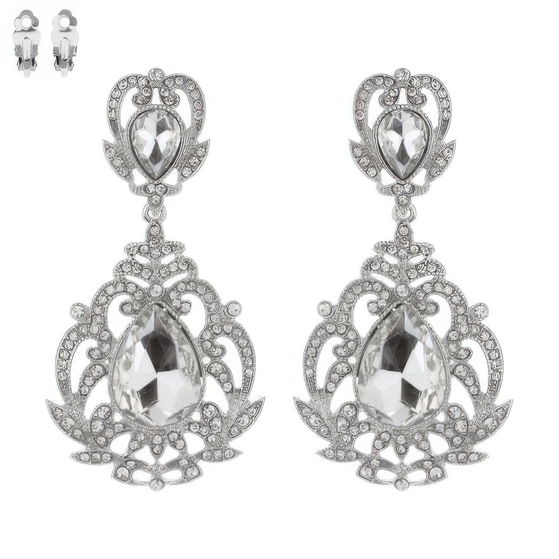 Crystal Teardrop Shaped Filigree Clip On Earrings - Tigbul's Variety Fashion Shop