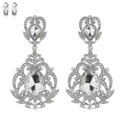 Crystal Teardrop Shaped Filigree Clip On Earrings - Tigbul's Variety Fashion Shop