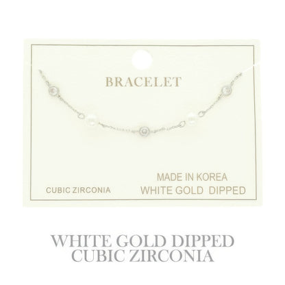 Gold Plated Pearl Cz Station Bracelet - Tigbul's Variety Fashion Shop