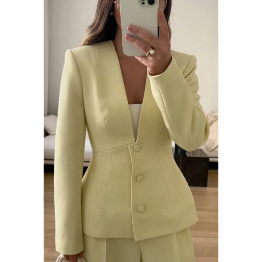 Solid Long Sleeve V Neck Button Fit Blazer | Tigbuls Variety Fashion