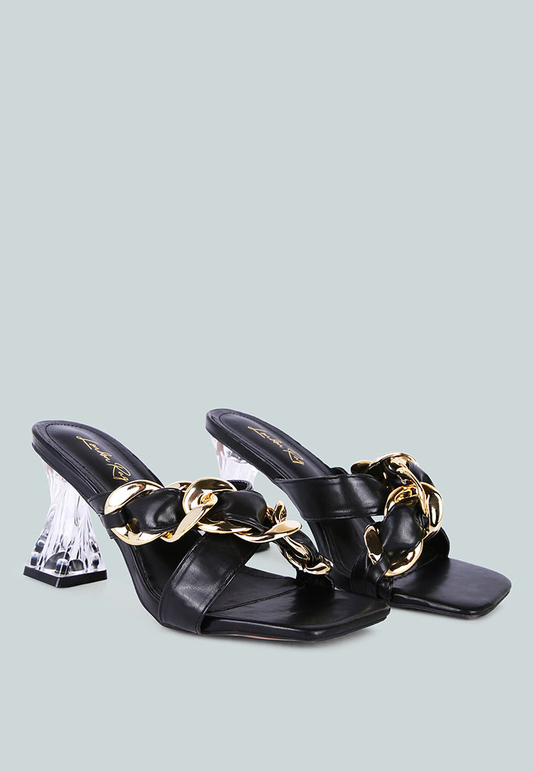 Black slide sandals with gold link chain and clear geometric block heel