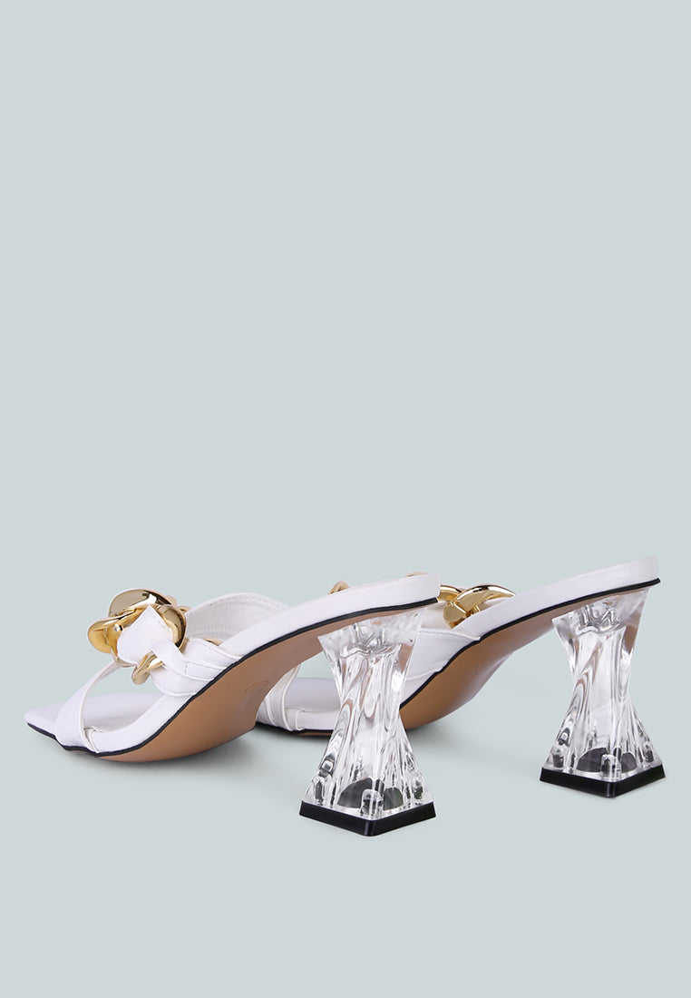 White mule-style sandals with link chain ornament and clear block heel.