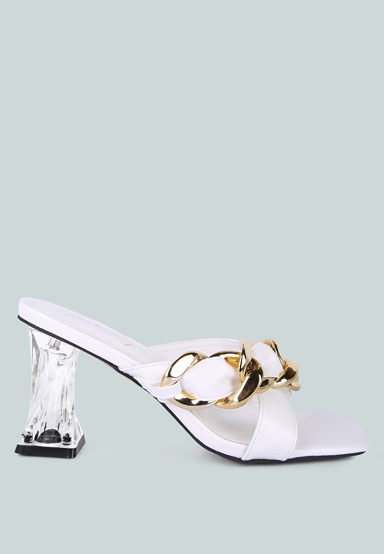 White embellished link chain heeled sandals with clear block heel and open toe.