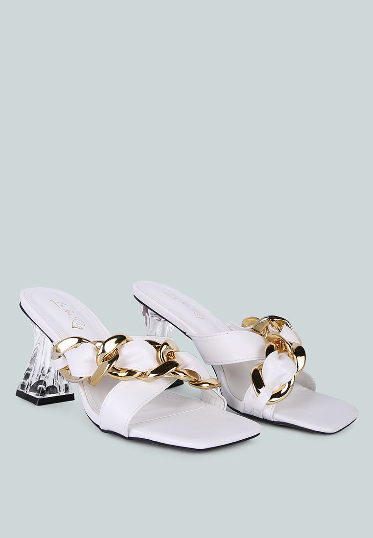 Pair of white heeled sandals with link chain detail across the straps.