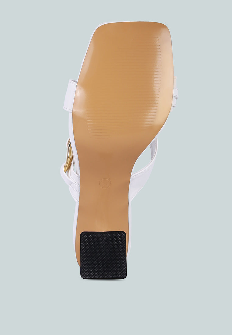 White sandal outsole view with black traction pad on the heel.