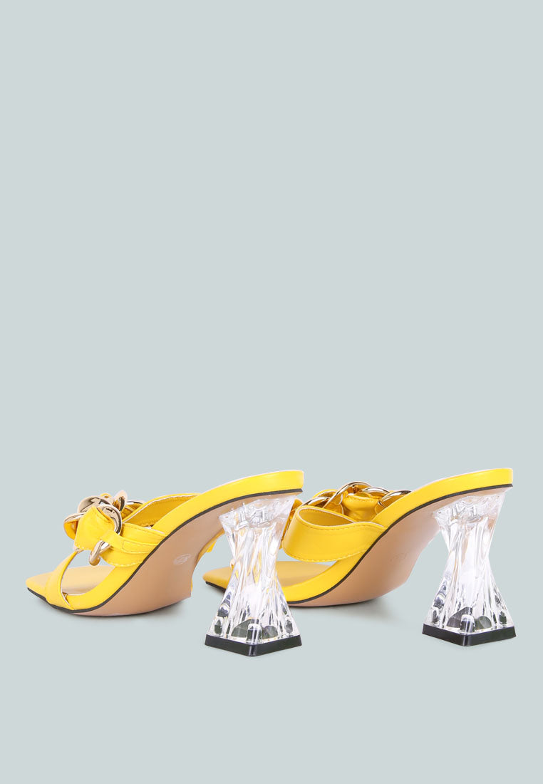 Yellow mule-style sandals with link chain ornament and clear block heel.