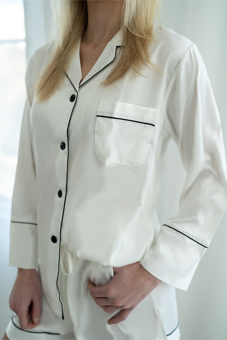 White with Black Trim Long Sleeve Top and Shorts Set - Tigbul's Variety Fashion Shop