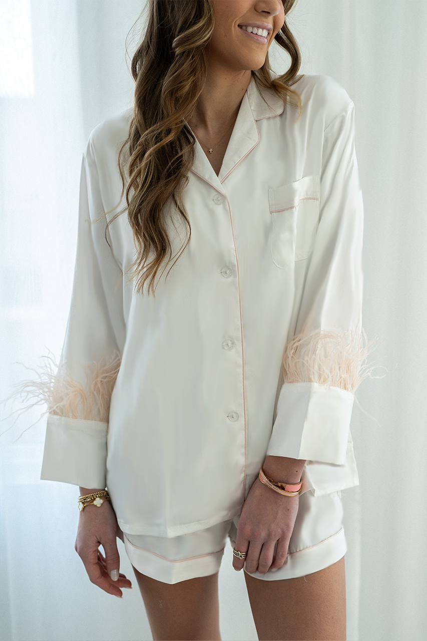 White with Blush Feathers Shorts Set - Tigbul's Variety Fashion Shop
