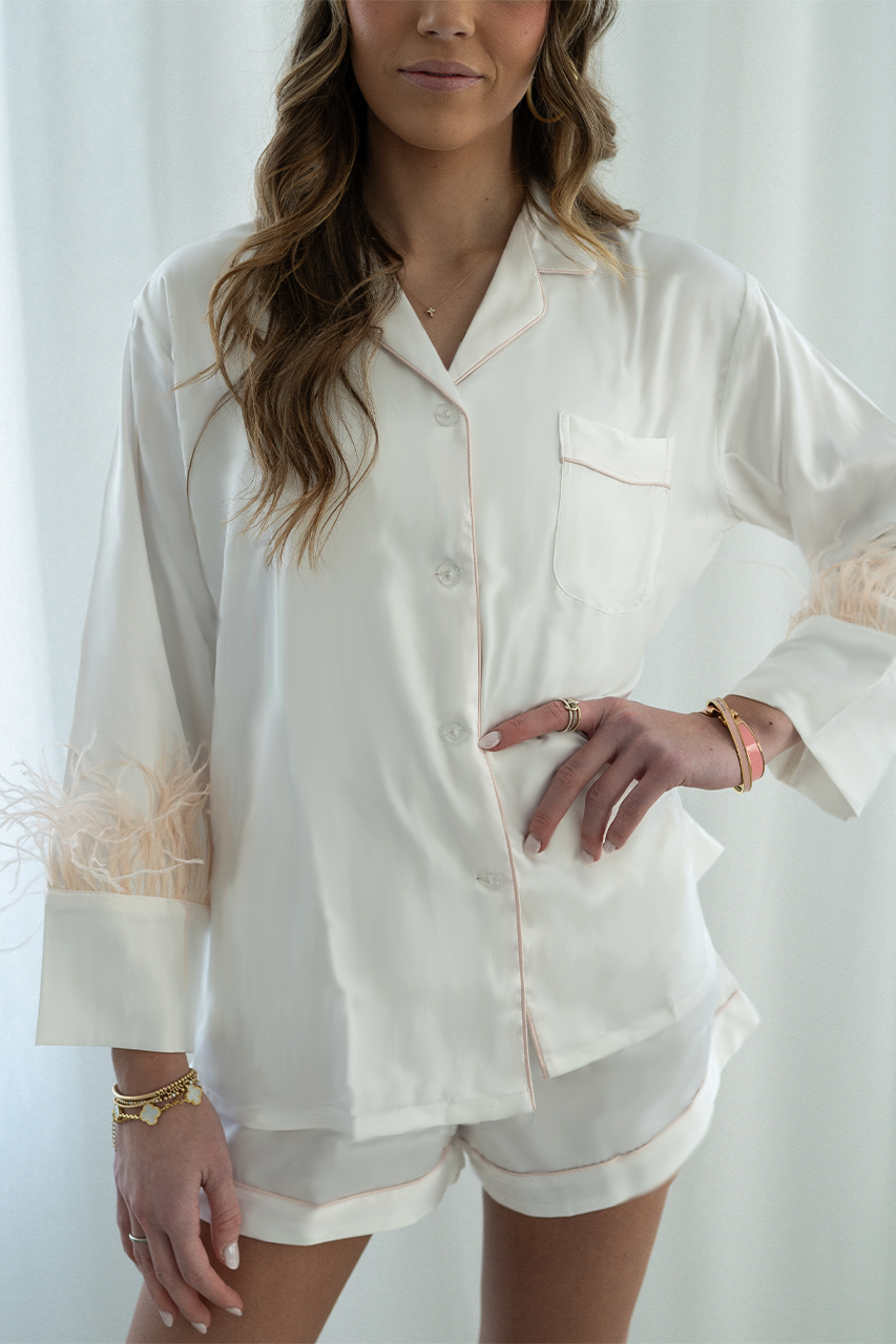 White with Blush Feathers Shorts Set - Tigbul's Variety Fashion Shop