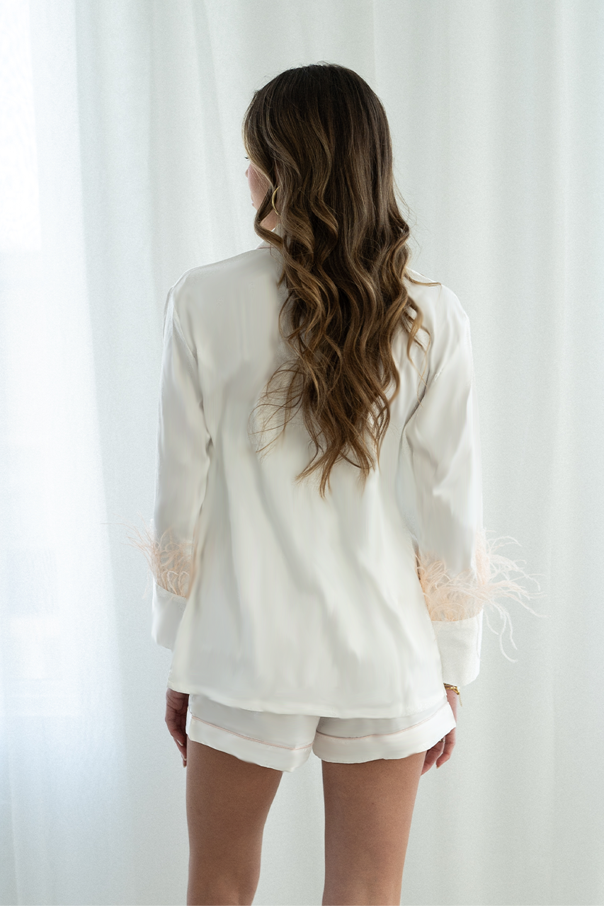 White with Blush Feathers Shorts Set - Tigbul's Variety Fashion Shop